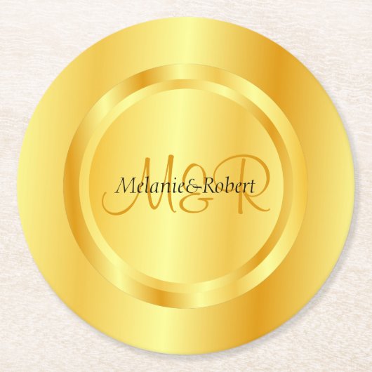 Imitate Gold Moderne Monogram Elegante Custom Temp Runder Pappuntersetzer (Vorderseite)