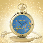 Imitate Gold Musiknoten Ozeanblauer Name Zahlen Taschenuhr<br><div class="desc">Einfach und elegant für Musikliebhaber oder Musiker! Ozean,  blauer Hintergrund mit Imitaten goldenen Musiknoten. Vorlage für Ihren Namen,  goldene Buchstaben. Goldene Uhrennummern.</div>