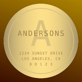 Imitate Gold Name Monogram & Rücksendeadresse Runder Aufkleber