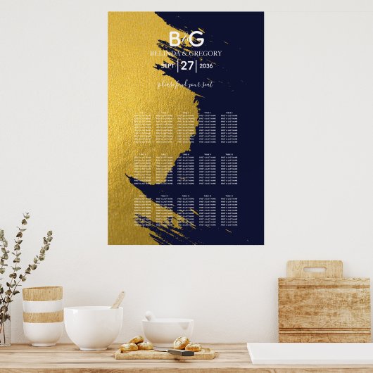 Imitate Gold Navy Blue Monogram Seating Chart Poster (Küche)