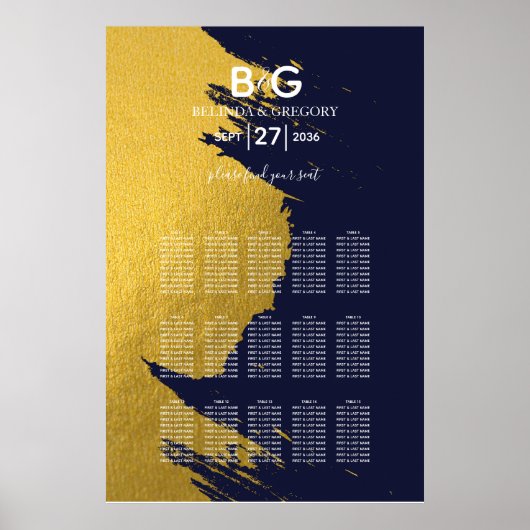 Imitate Gold Navy Blue Monogram Seating Chart Poster (Vorne)