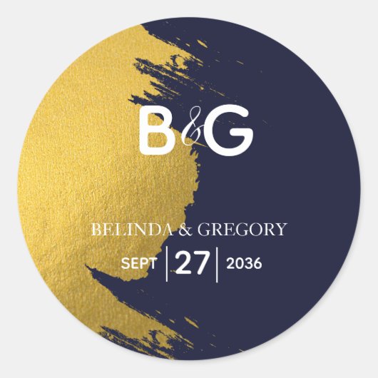 Imitate Gold Navy Blue Monogram Wedding Runder Aufkleber (Vorderseite)