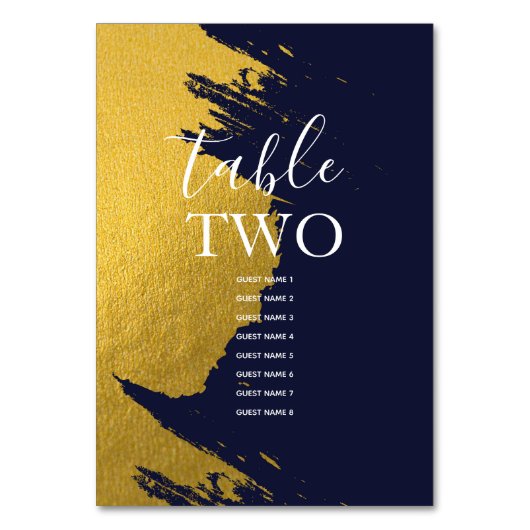 Imitate Gold Navy Blue Wedding Guest Names Tischnummer (Vorderseite)