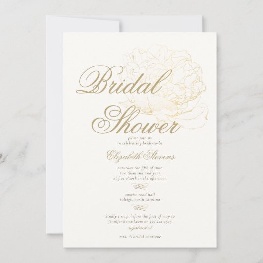 Imitate Gold Peony Calligraphy Elegantes Brautpart Einladung (Vorderseite)
