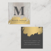 Imitate Gold Pinsel Monogram | Holzkörner Quadratische Visitenkarte (Vorne/Hinten)