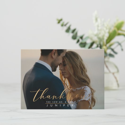 Imitate Gold Pinsel Script Foto Vielen Dank Karten (Stehend Vorderseite)