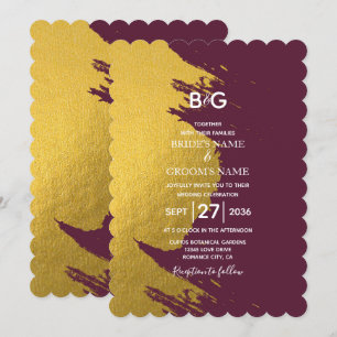 Imitate Gold Pinselstriche & Burgund mit Monogramm Einladung