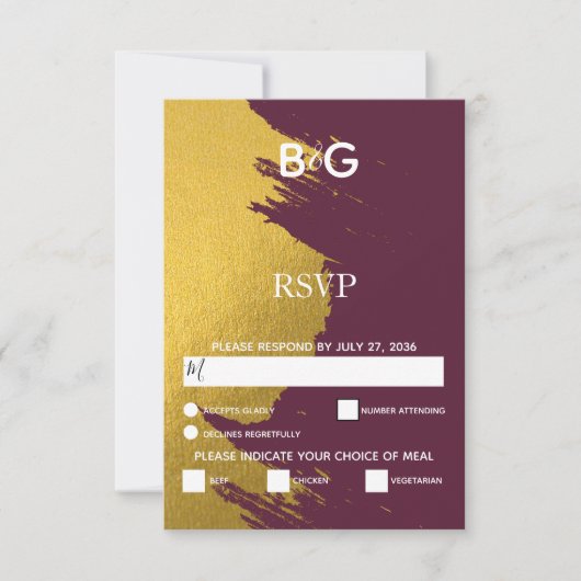 Imitate Gold Pinselstriche & Burgund mit Monogramm RSVP Karte (Vorderseite)