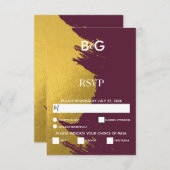 Imitate Gold Pinselstriche & Burgund mit Monogramm RSVP Karte (Vorne/Hinten)
