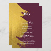 Imitate Gold Pinselstriche & Burgund mit Monogramm Save The Date (Vorne/Hinten)