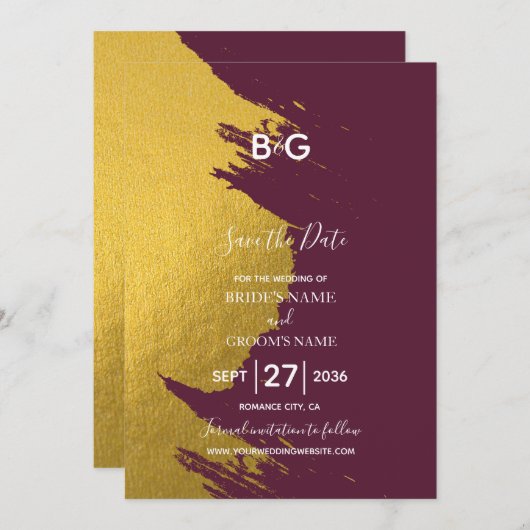Imitate Gold Pinselstriche & Burgund mit Monogramm Save The Date (Vorne/Hinten)