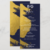 Imitate Gold Pinselstriche Navy Blue Monogram Wedd Menükarte (Vorne/Hinten)