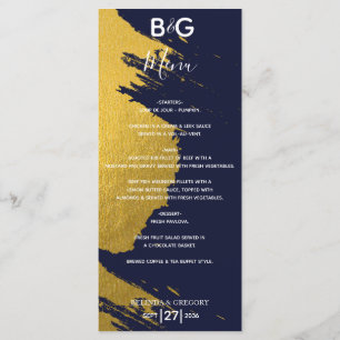 Imitate Gold Pinselstriche Navy Blue Monogram Wedd Menükarte