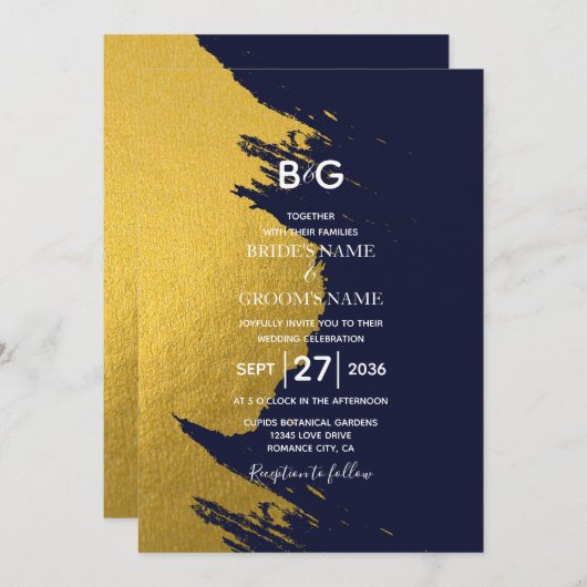 Imitate Gold Pinselstriche und Navy Blue mit Monog Einladung (Vorne/Hinten)