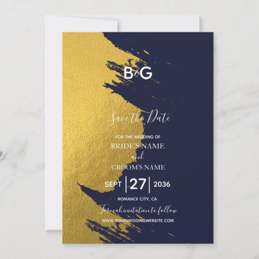 Imitate Gold Pinselstriche und Navy Blue mit Monog Save The Date (Vorderseite)