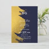Imitate Gold Pinselstriche und Navy Blue mit Monog Save The Date (Stehend Vorderseite)