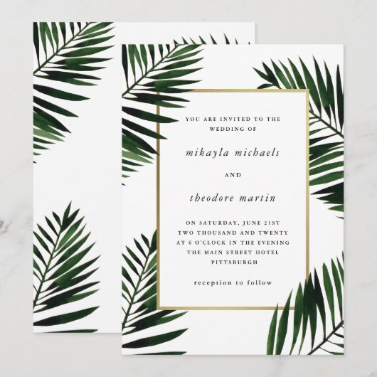 Imitate Gold Rahmen mit Palm Hochzeitsempfang Einladung (Vorne/Hinten)