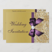 Imitate Gold Sequins Lila Bow-Hochzeit Einladung (Vorne/Hinten)