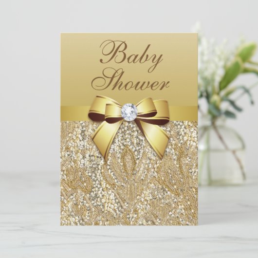 Imitate Gold Sequins und Bow Baby Dusche Einladung (Stehend Vorderseite)