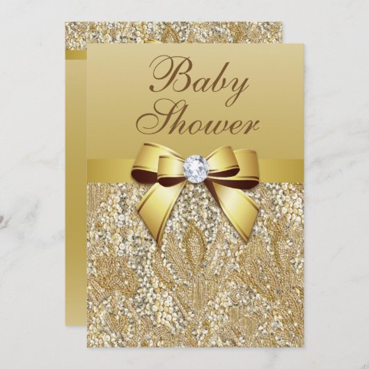 Imitate Gold Sequins und Bow Baby Dusche Einladung (Vorne/Hinten)
