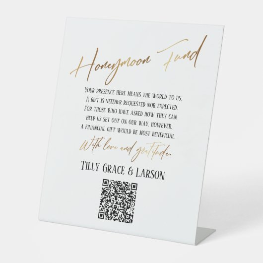 Imitate Gold Typografy Honeymoon Fund QR Code Sockelschild (Vorderseite)
