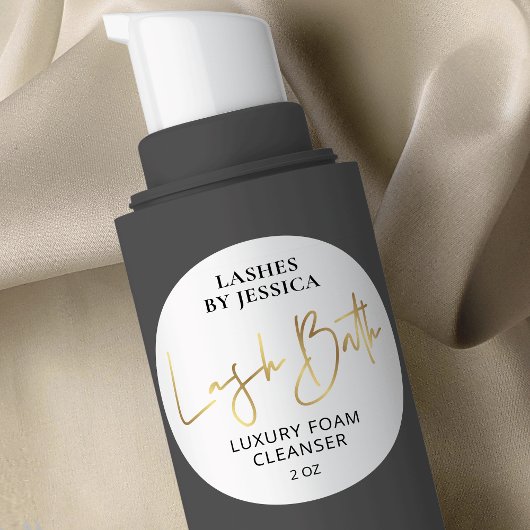 Imitate Gold und Weiß-Script-Logo Lash Bath Cleans Runder Aufkleber