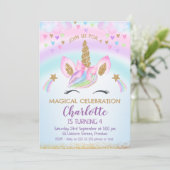Imitate Gold Unicorn Bow Rainbow Birthday Einladung (Stehend Vorderseite)