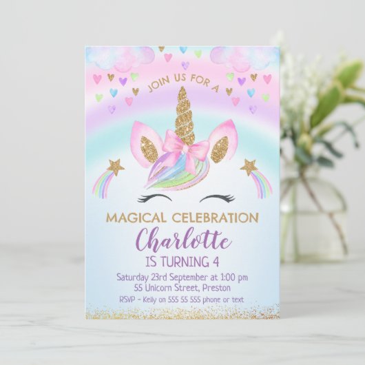 Imitate Gold Unicorn Bow Rainbow Birthday Einladung (Stehend Vorderseite)