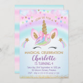 Imitate Gold Unicorn Bow Rainbow Birthday Einladung (Vorne/Hinten)
