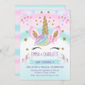Imitate Gold Unicorn Rainbow Twins Joint Birthday Einladung (Vorne/Hinten)