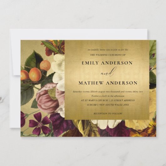 IMITATE GOLD VINTAG RETRO BURGUNDY BLUMENWEDD EINLADUNG (Vorderseite)