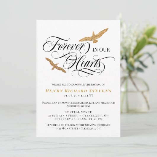 Imitate Gold Vögel für immer in unserem Herzen Bee Einladung (Stehend Vorderseite)