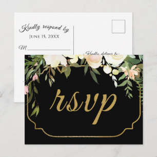 Imitate Gold Watercolor Floral Black Wedding RSVP Postkarte