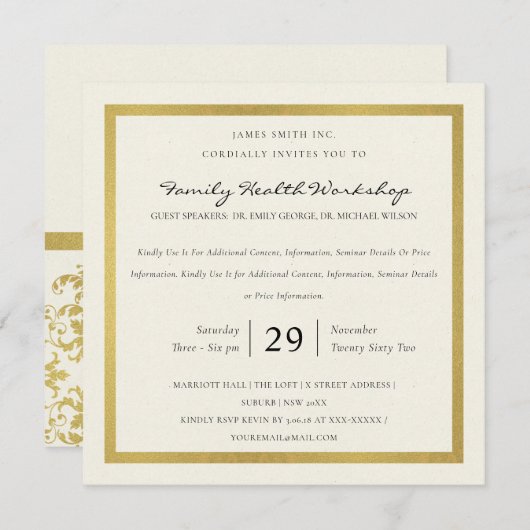 IMITATE GOLD WHITE DAMASK CLASSIC WORKSHOP-VERANST EINLADUNG (Vorne/Hinten)