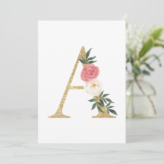 Imitate Goldfolie Letter A Blush Floral Monogram Einladung (Stehend Vorderseite)