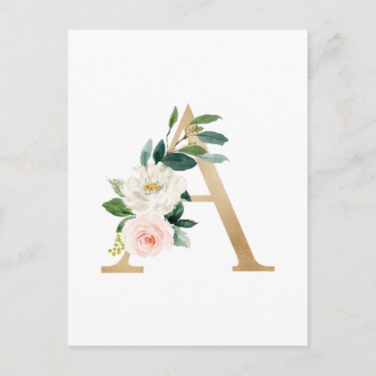 Imitate Goldfolie Letter A Blush Floral Monogram Postkarte (Vorderseite)