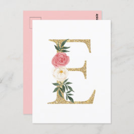 Imitate Goldfolie Letter E Blush Floral Monogramm Postkarte