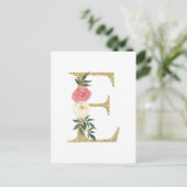 Imitate Goldfolie Letter E Blush Floral Monogramm Postkarte (Stehend Vorderseite)