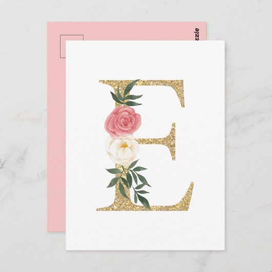 Imitate Goldfolie Letter E Blush Floral Monogramm Postkarte (Vorne/Hinten)