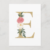 Imitate Goldfolie Letter E Blush Floral Monogramm Postkarte (Vorderseite)