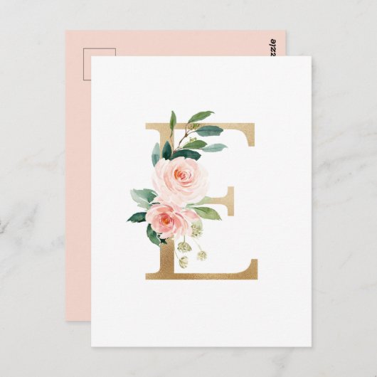Imitate Goldfolie Letter E Blush Floral Monogramm Postkarte (Vorne/Hinten)