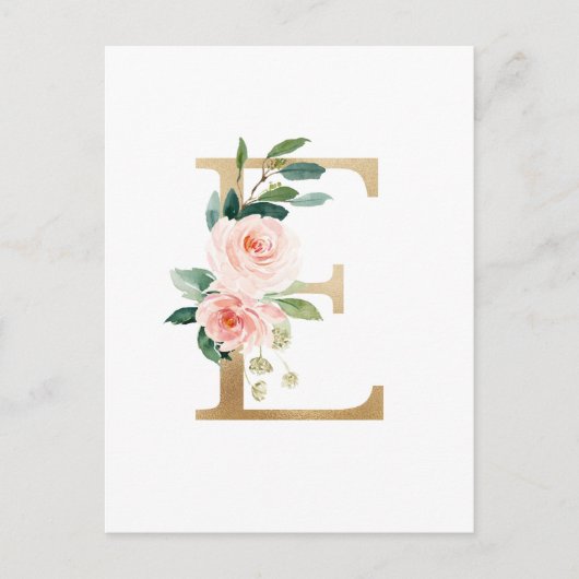 Imitate Goldfolie Letter E Blush Floral Monogramm Postkarte (Vorderseite)