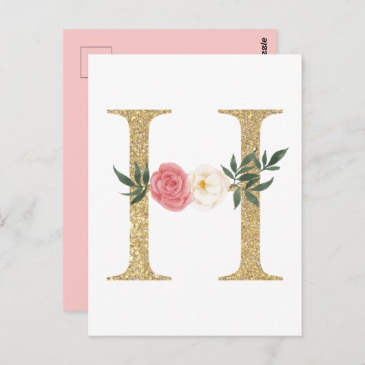 Imitate Goldfolie Letter H Blush Floral Monogramm Postkarte (Vorne/Hinten)