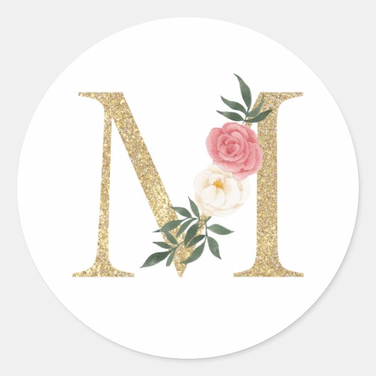 Imitate Goldfolie Letter M Blush Floral Monogramm Runder Aufkleber (Vorderseite)