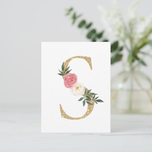 Imitate Goldfolie Letter S Blush Floral Monogramm Postkarte (Stehend Vorderseite)