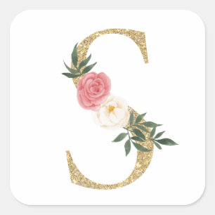 Imitate Goldfolie Letter S Blush Floral Monogramm Quadratischer Aufkleber