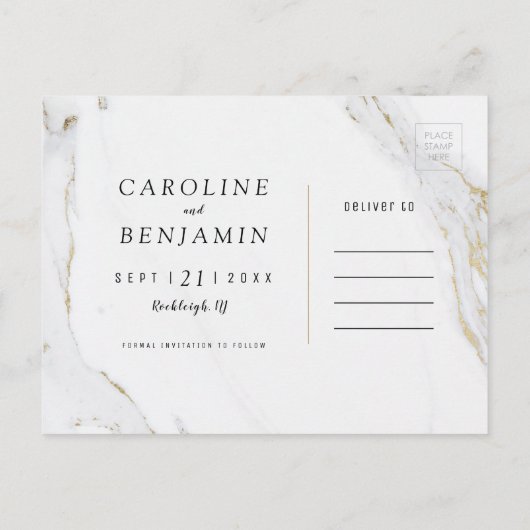 Imitate Goldfolie Marmor Luxus modern Save the Dat Ankündigungspostkarte (Rückseite)