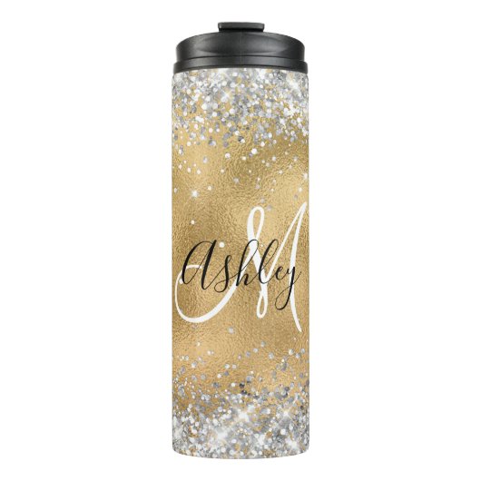 Imitate Goldfolie mit Funkelnd Glitzer Monogramm Thermosbecher (Vorderseite)