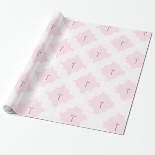 Imitate Goldkreuz weißes Kreismuster Taufe rosa Geschenkpapier (Ungerollt)
