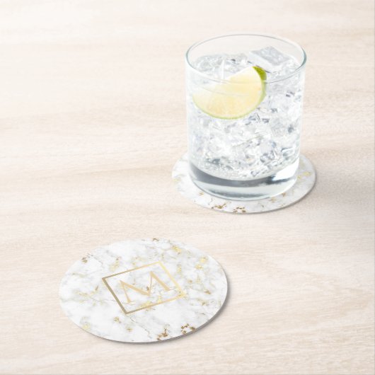 Imitate Goldmonogramm auf weißem Marmorstein Runder Pappuntersetzer (Vor Ort)